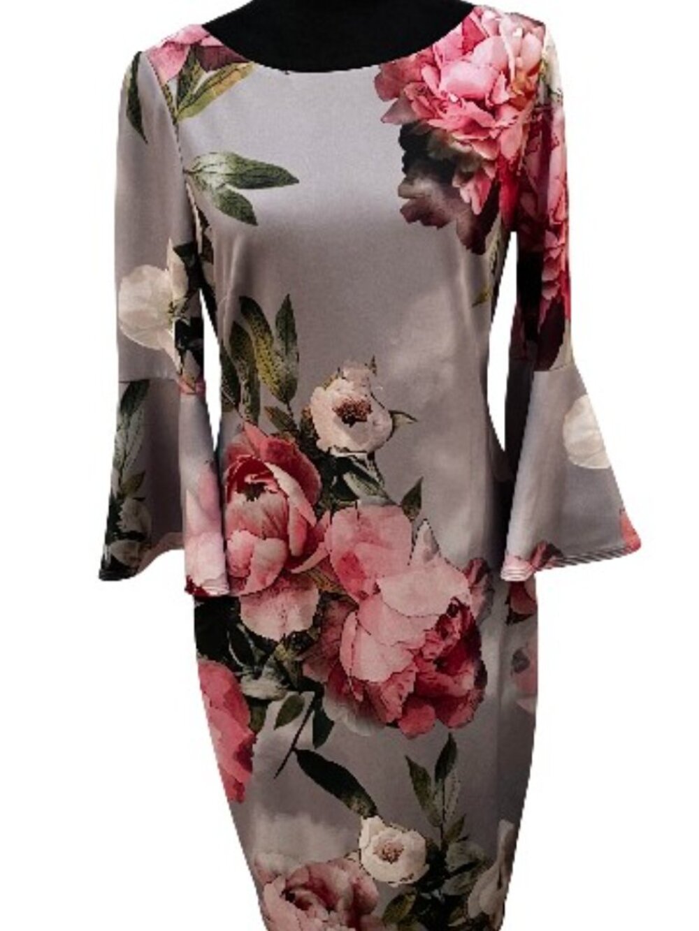 Calvin Klein Gray and Pink Floral Bell Sleeve Midi Sheath Dress  Size 8 Like New - Picture 2 of 13